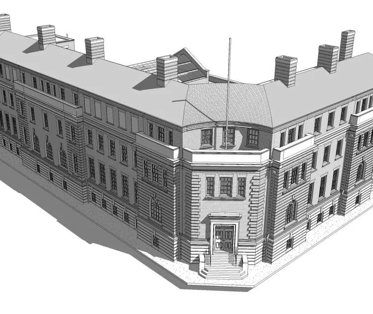 3D render of a Revit model displaying the front view of the building for a Scan to BIM project
