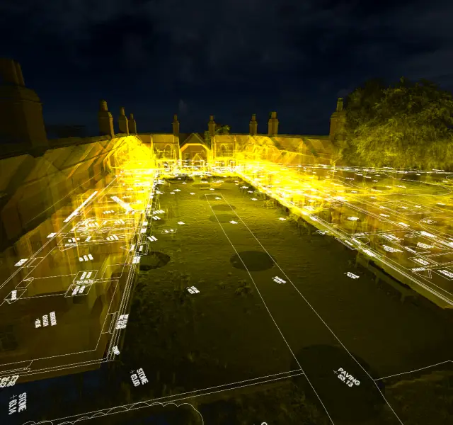 Point cloud from laser scanner overlayed to the topographical survey of a listed building