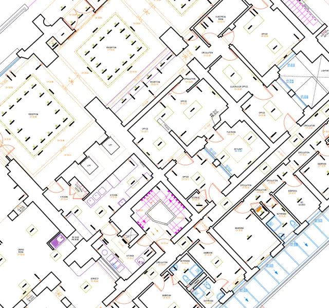 AutoCAD floorplan of a student residence measured building survey with pointcloud data overlayed