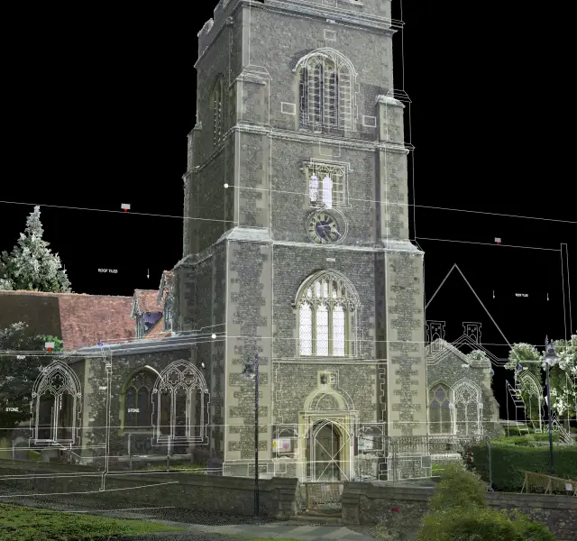 Front elevation of a church produced in CAD and enhanced by a point cloud overlay