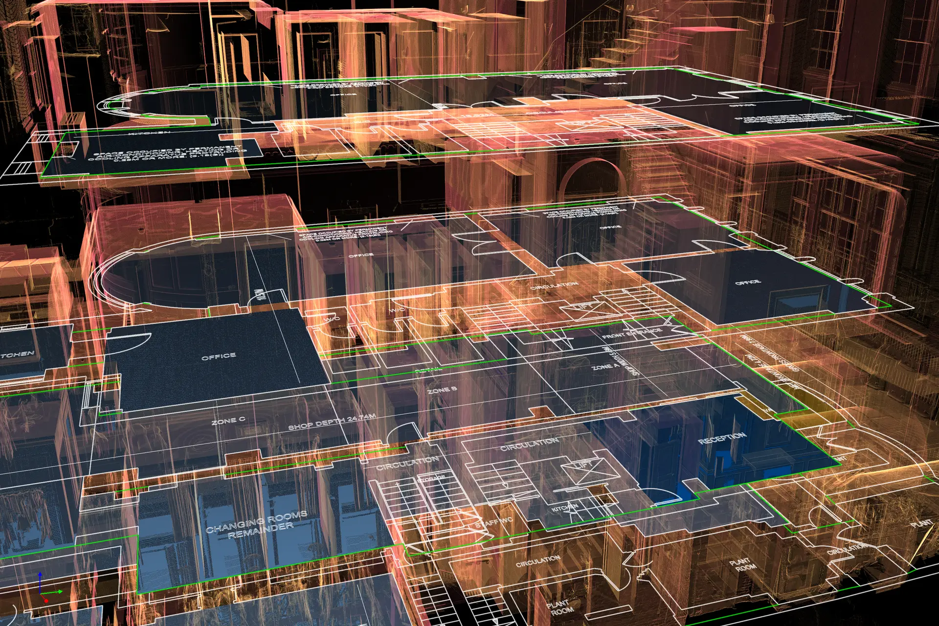 Side view of an pointcloud for an office building in London for an area measurement report survey with the NIA and GIA information overlayed