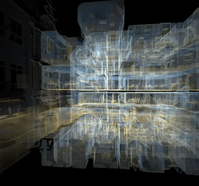 X ray side of pointcloud of a commercial building drafted during a measured building survey