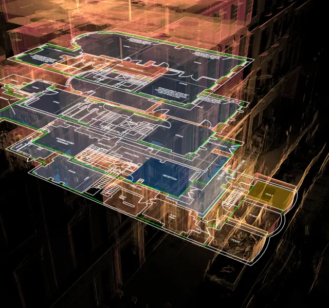 Point cloud overlaid on NIA and GIA floorplans for area measurement report, providing precise spatial data of a commercial property