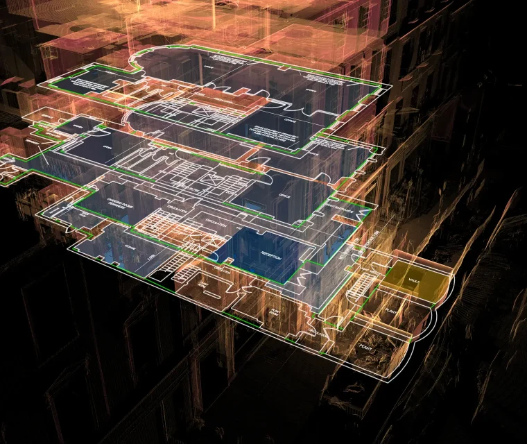 Point cloud overlaid on NIA and GIA floorplans for area measurement report, providing precise spatial data of a commercial property