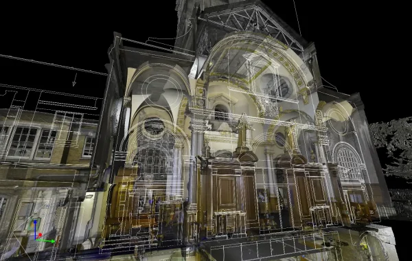 elevation drawing overlaid on 3D point cloud for measured building survey of St Bride's Church, London.