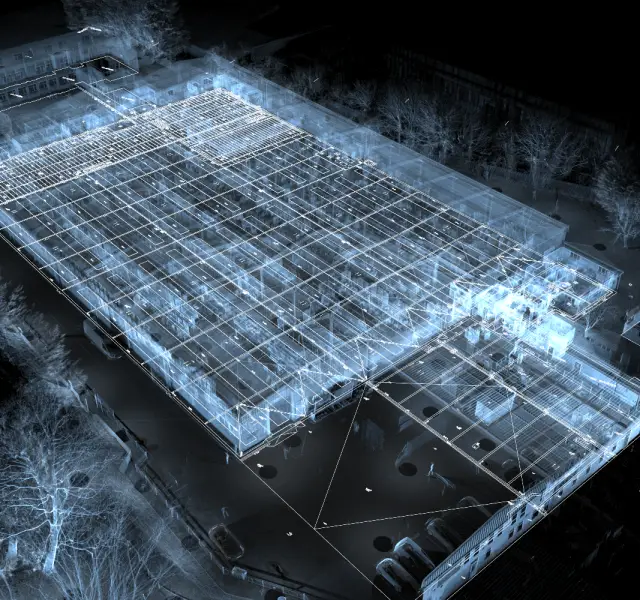 Perspective view of 3D point cloud displaying precise internal dimensions for accurate building measurements