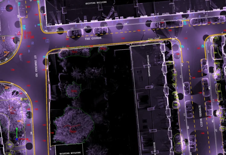 Accurate topographical survey conducted with a total station and laser scanner, featuring a point cloud overlay to highlight detailed geographical characteristics