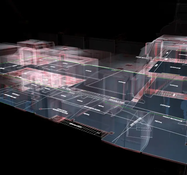 Point cloud visualisation combined with NIA and GIA floorplans, illustrating internal area measurements for a building survey
