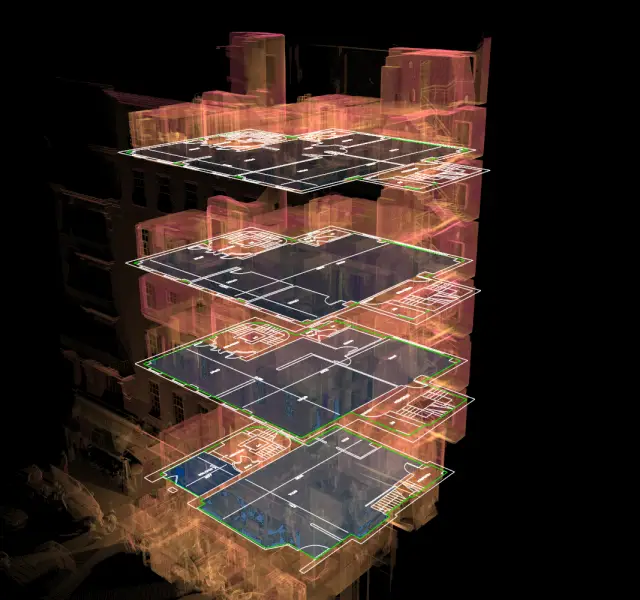 verlay of point cloud on area measurement plans showing net and gross internal areas.