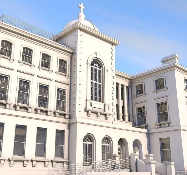 Render of Revit model in 3d showing front of the building for a scan to bim project