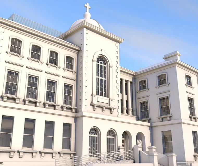 Render of Revit model in 3d showing front of the building for a scan to bim project