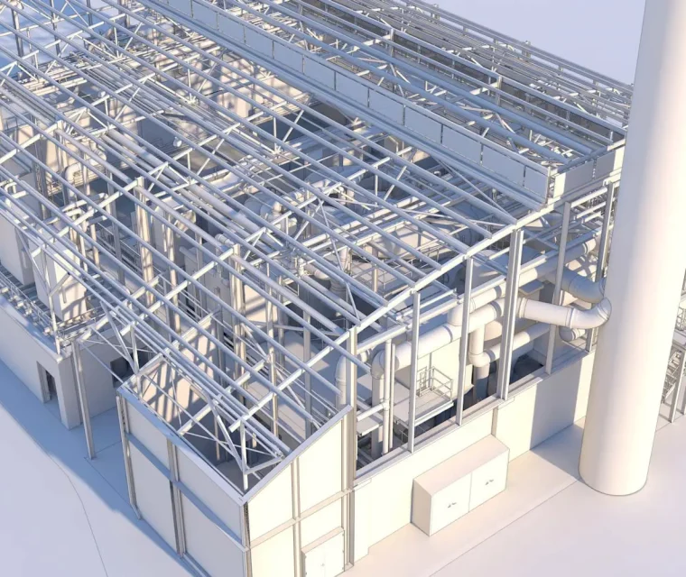 revitt model render of a warehouse with roof off showing MEP layout