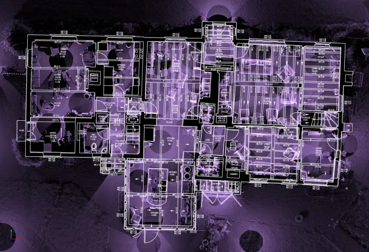 Overlay of AutoCAD drawing on laser scan point cloud for precise building survey data