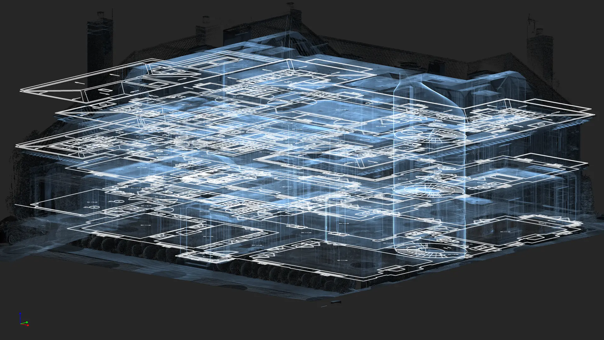 CAD floorplans of large house stacked overlayed onto laser scan data