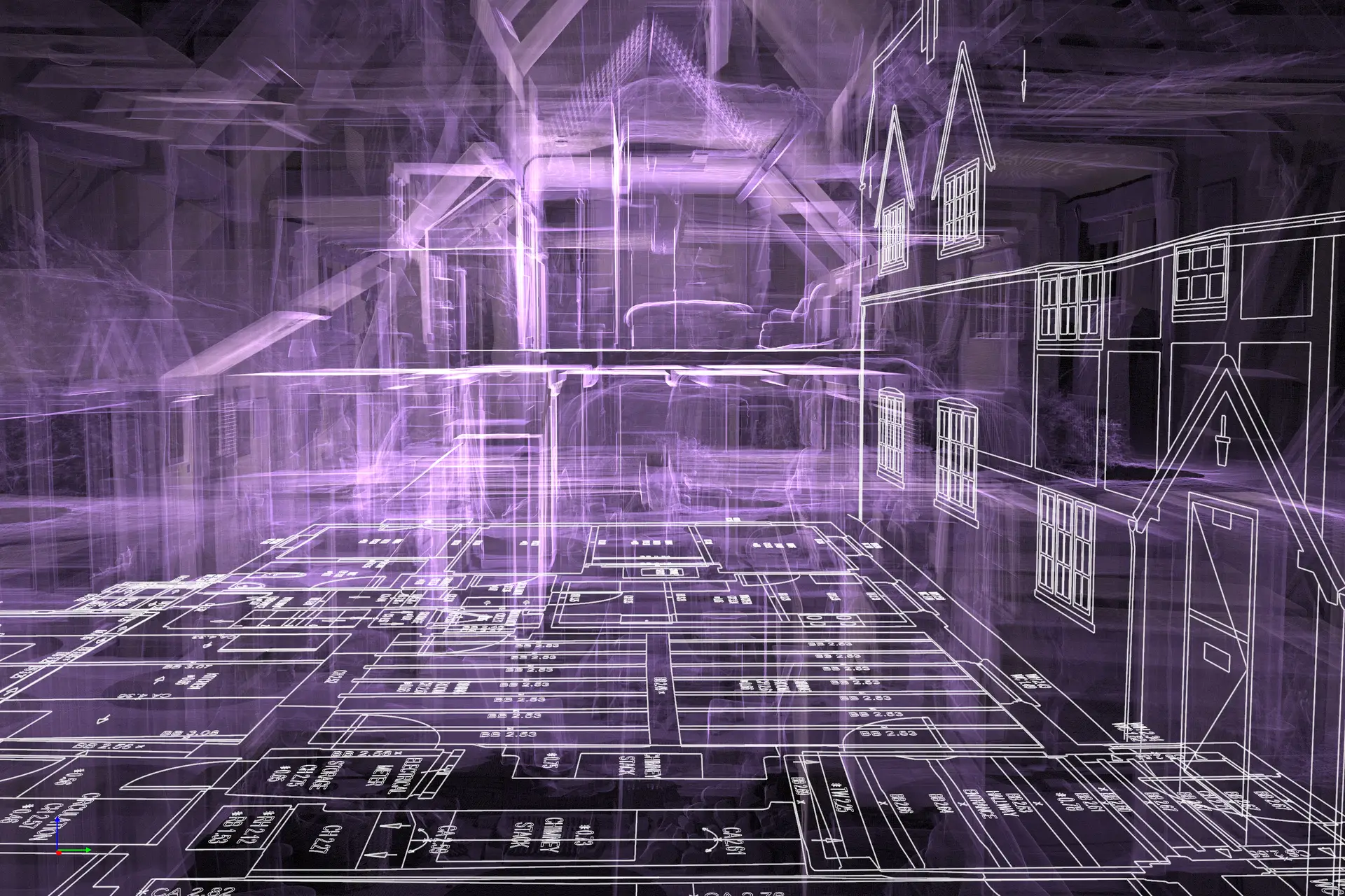 Laser scan point cloud with superimposed AutoCAD layout, visualising building structure and measurements