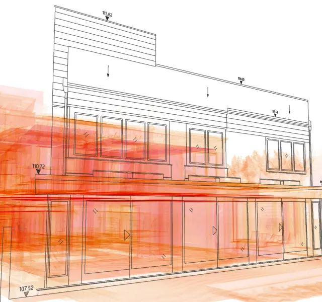 Accurate CAD elevation of a commercial facade, showing wall heights and design features