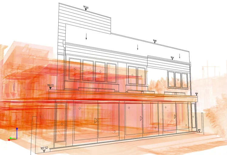 Accurate CAD elevation of a commercial facade, showing wall heights and design features